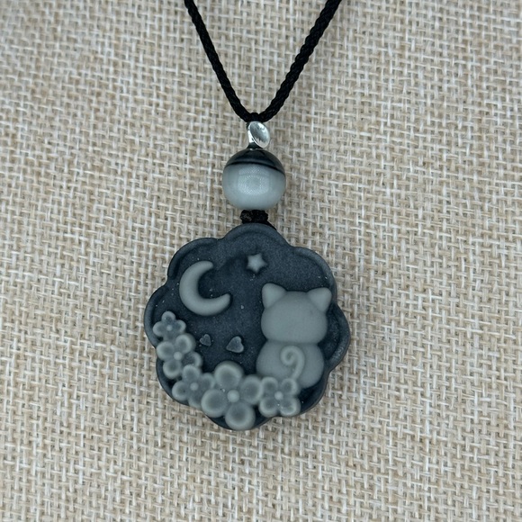 Tai Chi Stone Cat and Moon Pendant Necklace: Silver Accent on Adjustable Rope - Picture 2 of 10